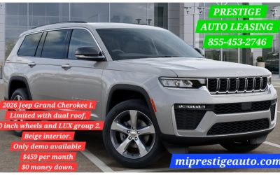 2026 Jeep Grand Cherokee L Limited with dual roof, 20 inch wheels and LUX group 2. Beige interior. Only demo available
